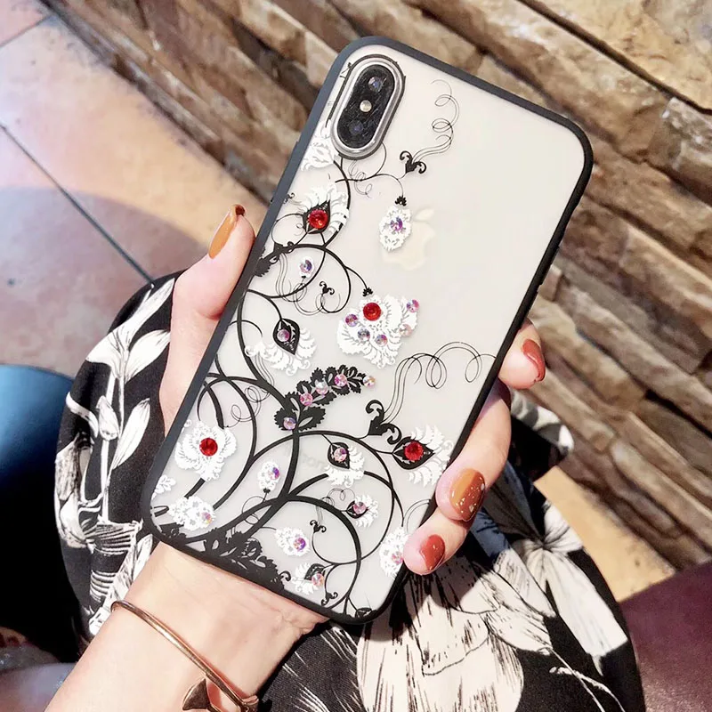 Sexy Lace Floral Diamond Case For iPhone X XR XS Max 8 7 6 6S Plus Soft Silicone Hard PC Retro Flowers Cases Cover Coque Shell (3)