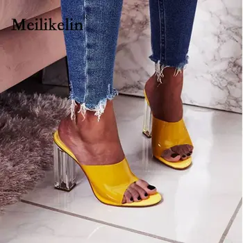 

2019 fashion women's shoes Square high-heeled woman sandals transparent PVC Crystal heel shallow female shoes yellow42