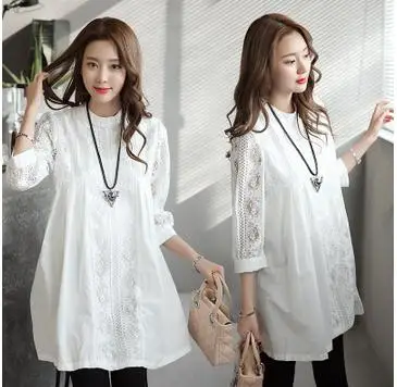 

Large Size Maternity Tops 2019 Spring Summer Long Sleeve Round Neck Lace Pregnancy Blouse Clothes for Pregnant Women QL9015