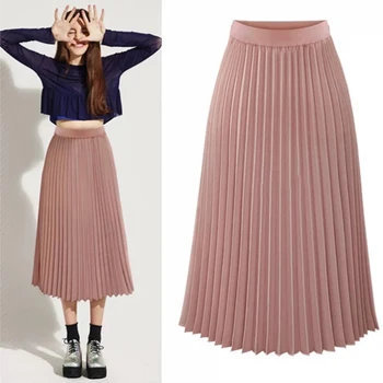 Pink Pleated Skirt Women High Waist Pleated Midi Skirt Chiffon A line Chic Elegant High Quality Winter Autumn Skirt YYW-8889 box pleated chiffon skirt