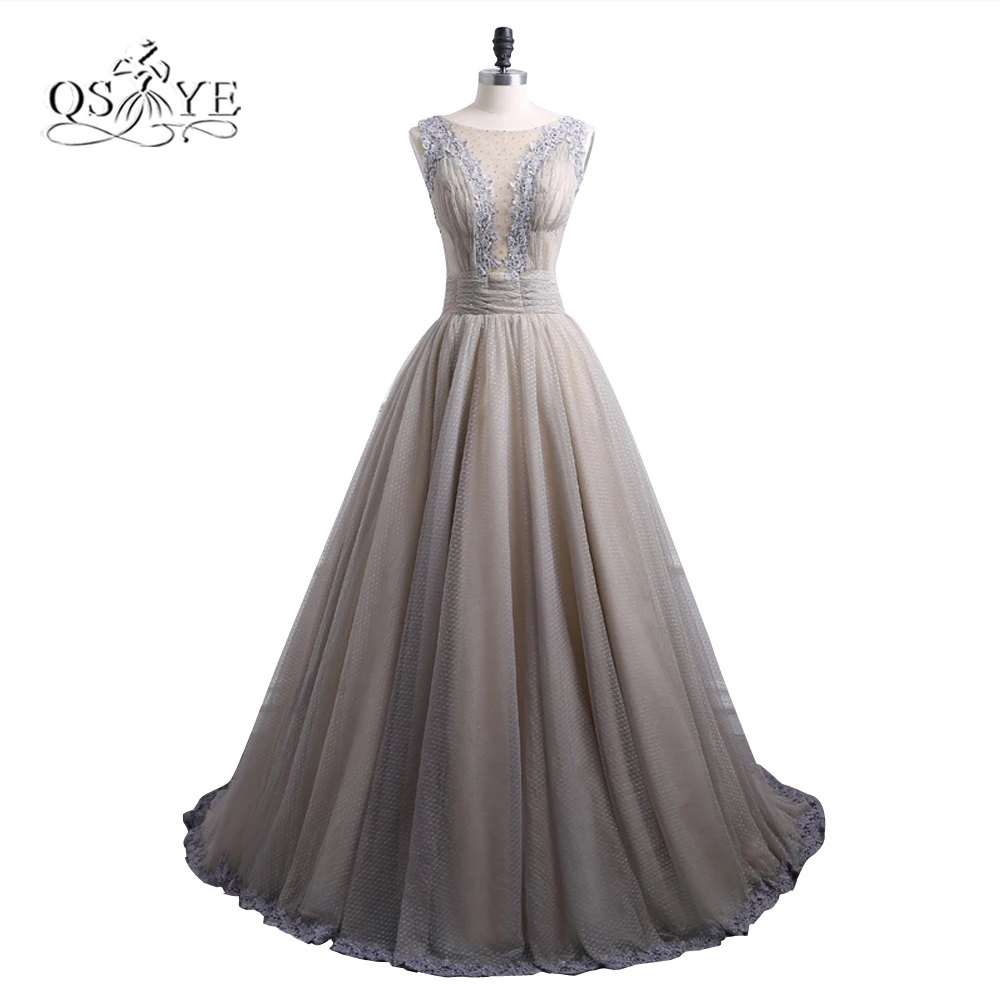 New Grey Long Puffy Prom Dresses 2017 Elegant Beading Boat Neck Lace