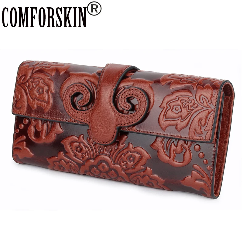 

COMFORSKIN Premium Genuine Oil Waxing Leather Unique Embossed Floral Woman Purse Famous Brand Long Cover Style Women's Wallets
