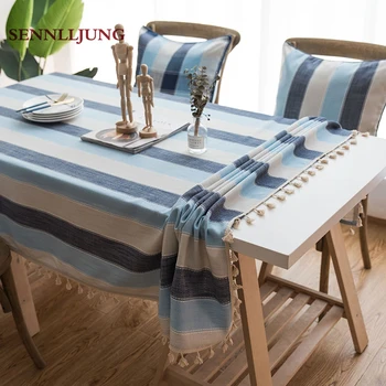 

Stripe Waterproof Tablecloth Blue Cloth Art Cotton and Hemp Small Fresh Tablecloth Rectangular Tablecloth coffe table clothes