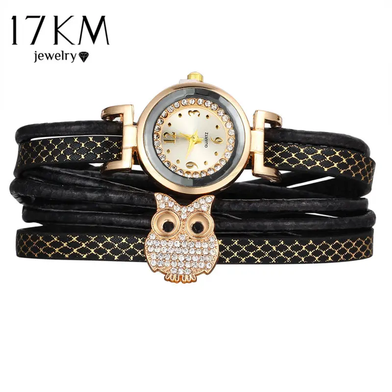 17KM Fashion Owl Multilayer Crystal Leather Bracelets for font b Women b font font b Watch