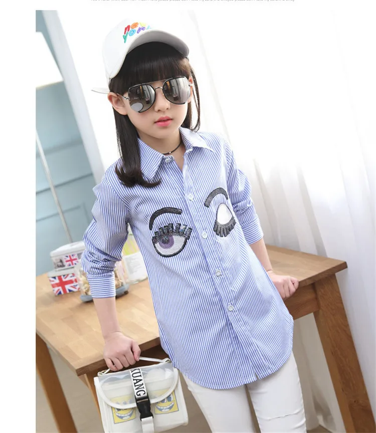 3-12 y kids girls shirts spring autumn girl long sleeve shirt school clothes stripe sequins eye 12 years children clothing top (2)