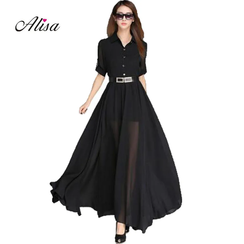 

2018 New Summer Women Chiffon Maxi Dress Elegant Ladies Casual Boho Half Sleeve Large Pendulum Mujer Apparel Black Long Robe