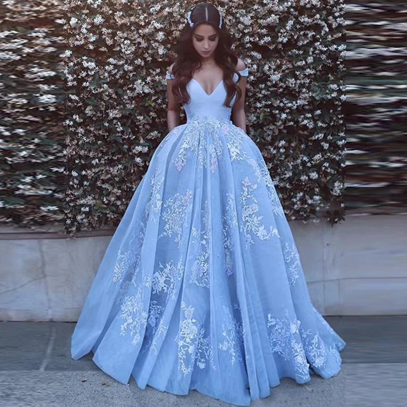 2018 Stunning Light Blue Puffy Arabic Prom Evening Gowns Vesitidos Appliqued Off Shoulder Elegant Long Prom Party Gowns Wear169