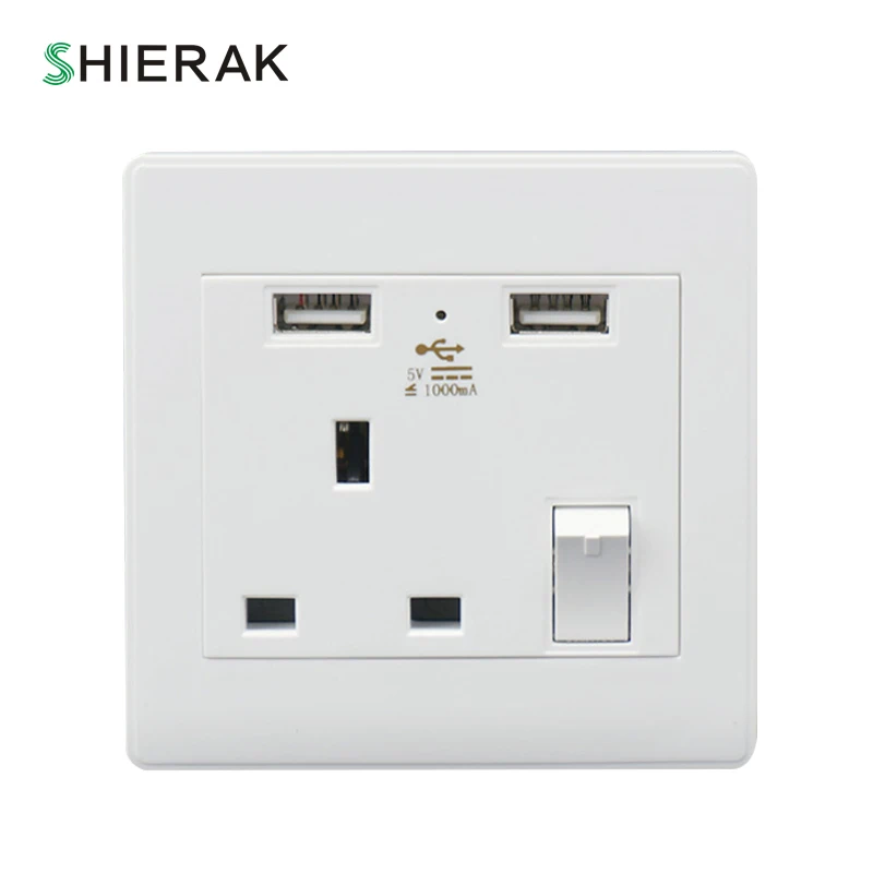 

SHIERAK 5V 1A UK Wall Socket With Dual USB Ports White Plastic Panel Grounded USB Wall Outlet UK 3 Pin plugs Home Improvement