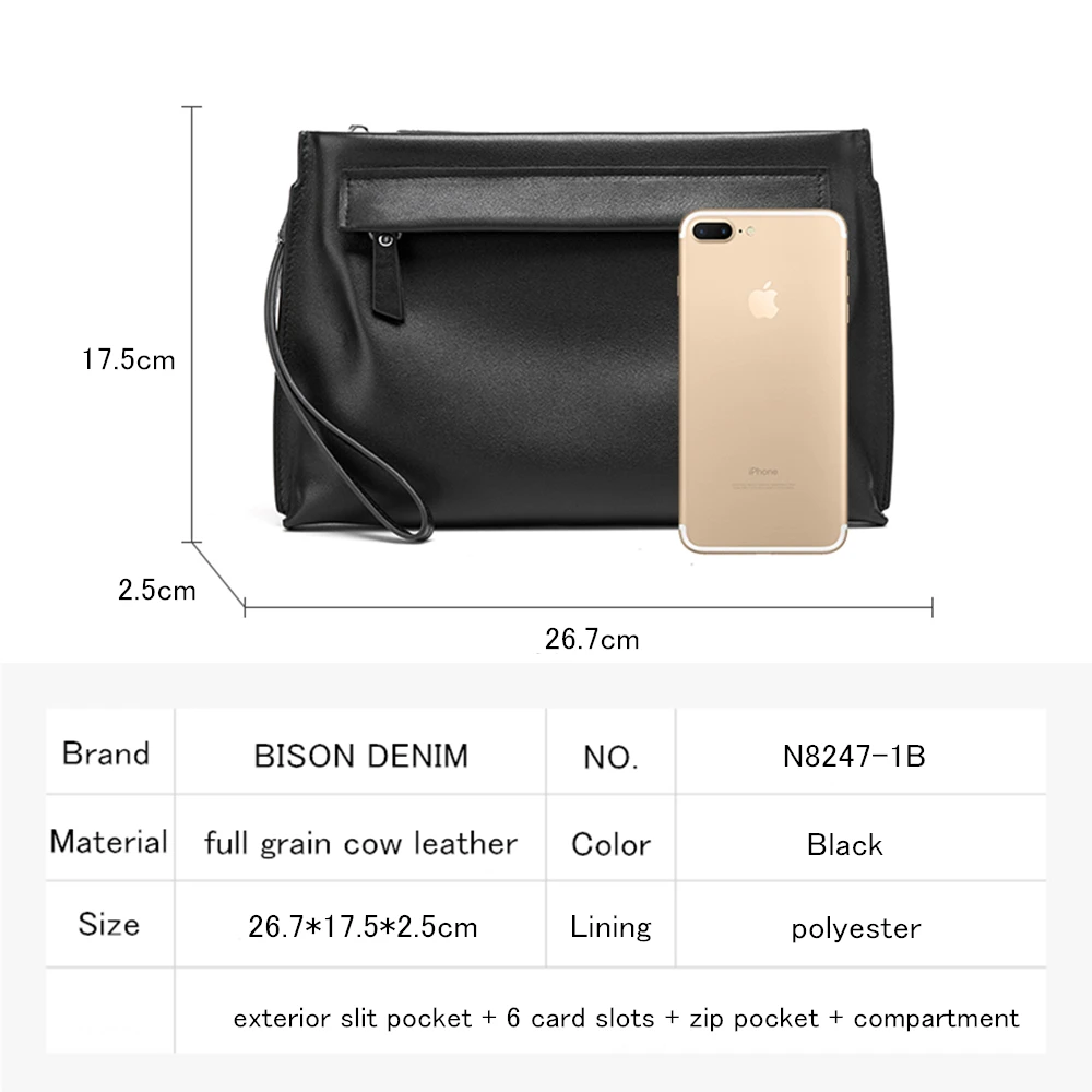 BISON DENIM Genuine Leather Leather Clutch Bags For Men With Phone Pocket Luxury Long Purse Zipper Coin Pocket Fashion N8247