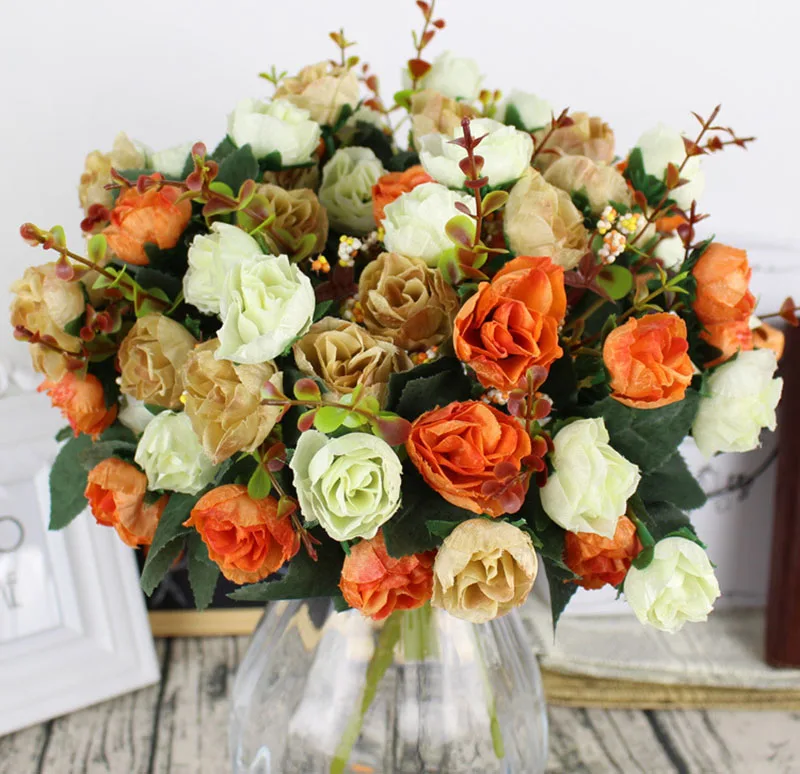 Flone Artificial Silk Rose Bouquet Fake Flowers Home Wedding Display Flower European Rose Small Bouquet Party Decoration (14)