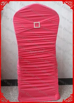 

NO.6 Coral Red Ruffled Lycra Chair Covers With Lycra Band/Sash&Square Diamond Buckle&Pin For Wedding Banquet Home Decoration