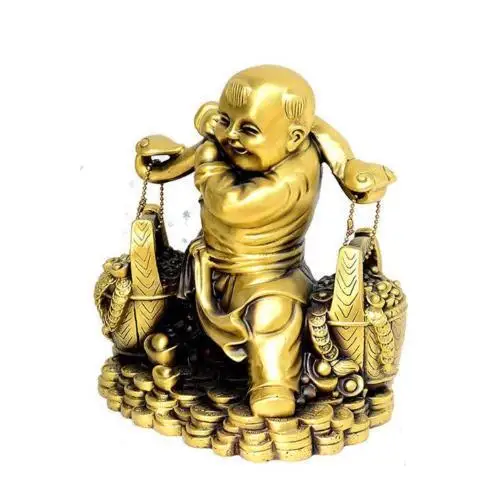 

Folk Chinese Pure Bronze Wealth Happy Kid Child Shoulder Barrel Bucket Statue