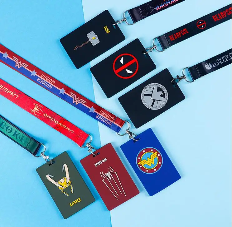 

30pcs avengers Deadpool spiderman Wonder woman Named Card Holder Identity Badge with Lanyard Neck Strap Card Bus ID Holders gift