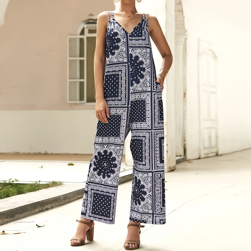 Hot Summer Women Boho Strappy Wide Leg Long Pants Jumpsuit Beach Holiday V Neck Sleeveless Casual Loose Vintage Printed Jumpsuit Hot Summer Women Boho Strappy Wide Leg Long Pants Jumpsuit Beach Holiday V Neck Sleeveless Casual Loose Vintage Printed Jumpsuit