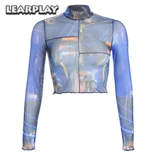 2019 Fashion Women Sexy See Through Sheer Mesh Prtinting High Neck Long Sleeve Trendy Crop Top Female Tees Shirts Streetwear trendy long sleeve high low see through pure color blouse for women