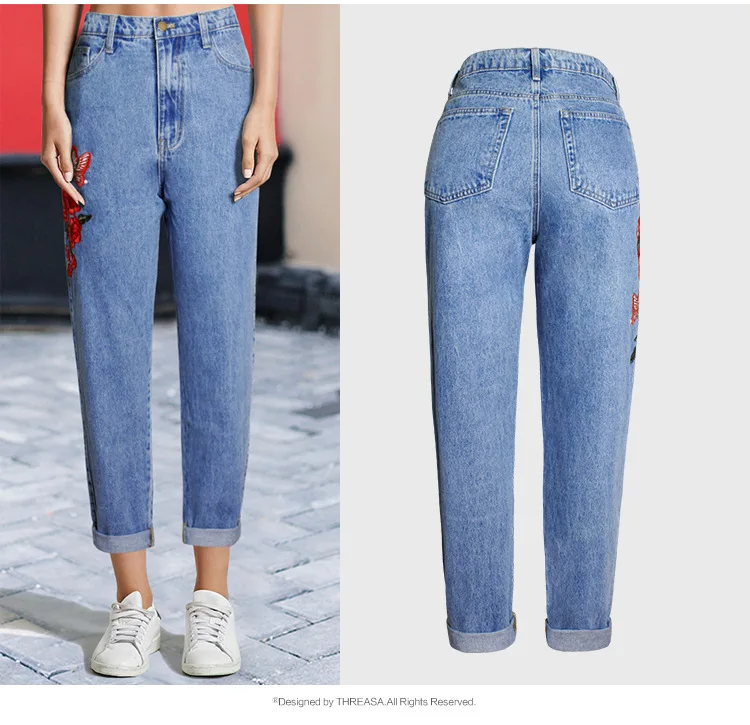 Мешковатые джинсы-бойфренды для Для женщин Высокая Талия Большие джинсы роза цветочные вышитые джинсы Винтаж Для женщин днища джинсовые