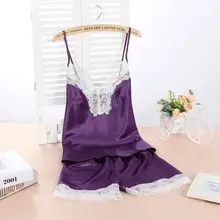 Lisacmvpnel v-образный вырез искусственный шелк женский пижамный комплект Спагетти ремень пикантная кружевная Пижама