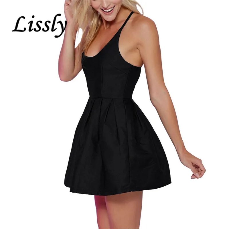 Lissly Новый A-Line Dress Твердые Рукавов Лето Женщины Спагетти Ремень Выше Колена С