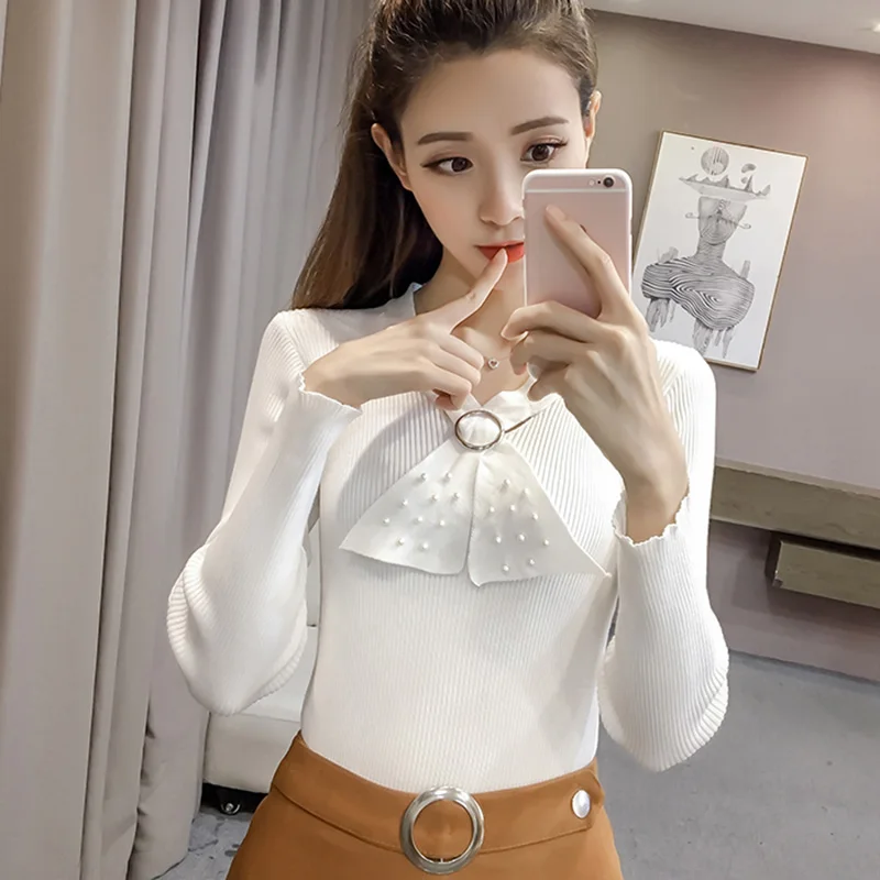 New Sweater Women Fashion Bow V neck Slim Knitted Pullover Temperament Female Solid Color Stretch Autumn Winter Bottoming Tops