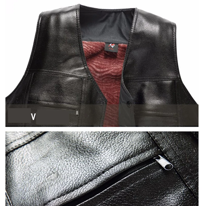 High quality new Winter men motorbike leather vest with fleece thickening middle aged V neck vest shoulders to keep warm