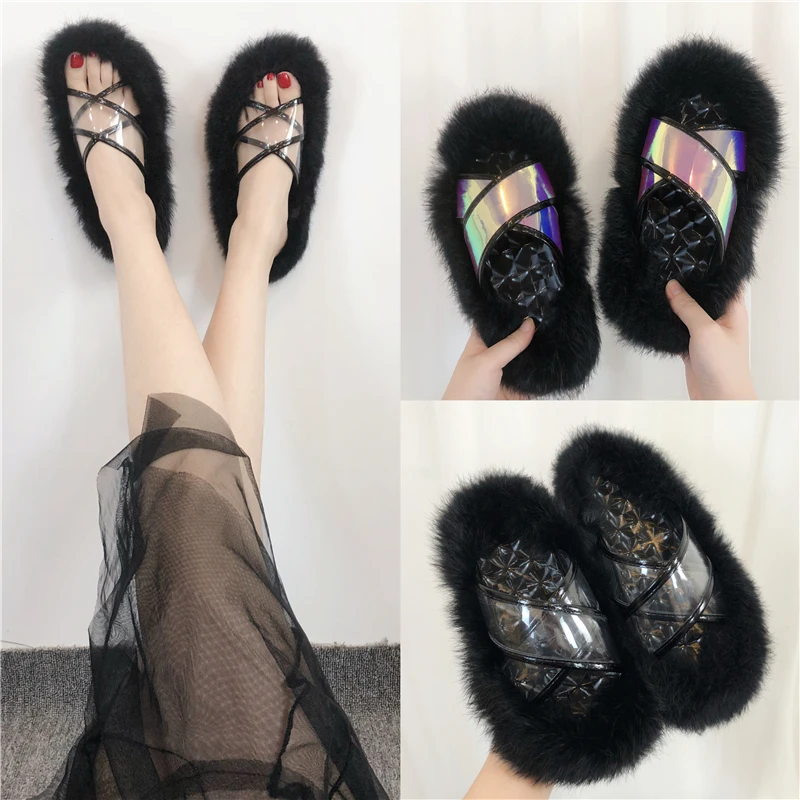 

famous transparent cross band fur slippers women winter colorful pvc band flip flops plaid bottom fur sandals women slides s275