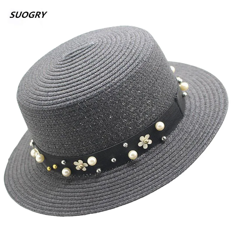 

New Fashion Women Summer Toquilla Straw Panama Beach Sun Hat For Elegant Lady Floppy Wide Brim Pearl Flower Female Sunbonnet