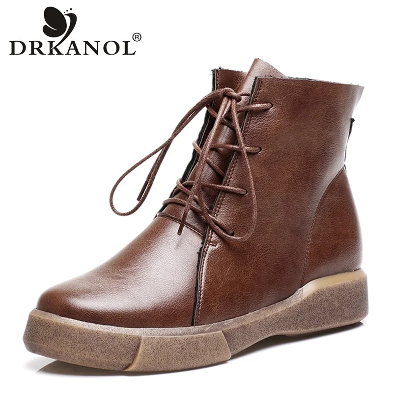 

DRKANOL 2019 British Style Martin Boots Autumn Winter PU Leather Flat Heel Ankle Boots For Women Warm Platform Boots Botte Femme