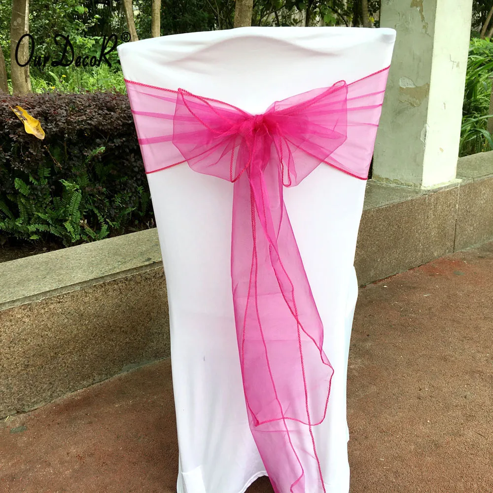 50 Pieces Hot Pink color Organza Sash Chair Cover Bow Banquet Wedding