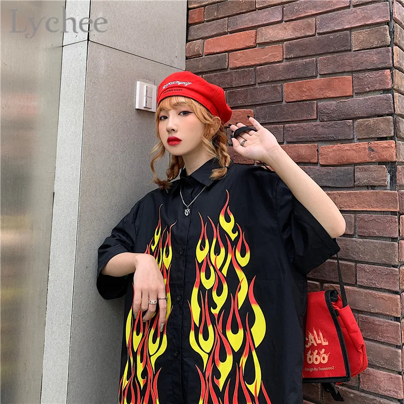 Lychee Harajuku женская блузка с принтом пламени рубашка отложным воротником короткий