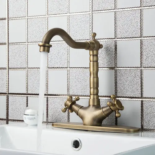 Swivel Antique Brass Double Handles Cover Plate 86325726 Deck Mounted Single Hole Sink Faucets Mixers Taps