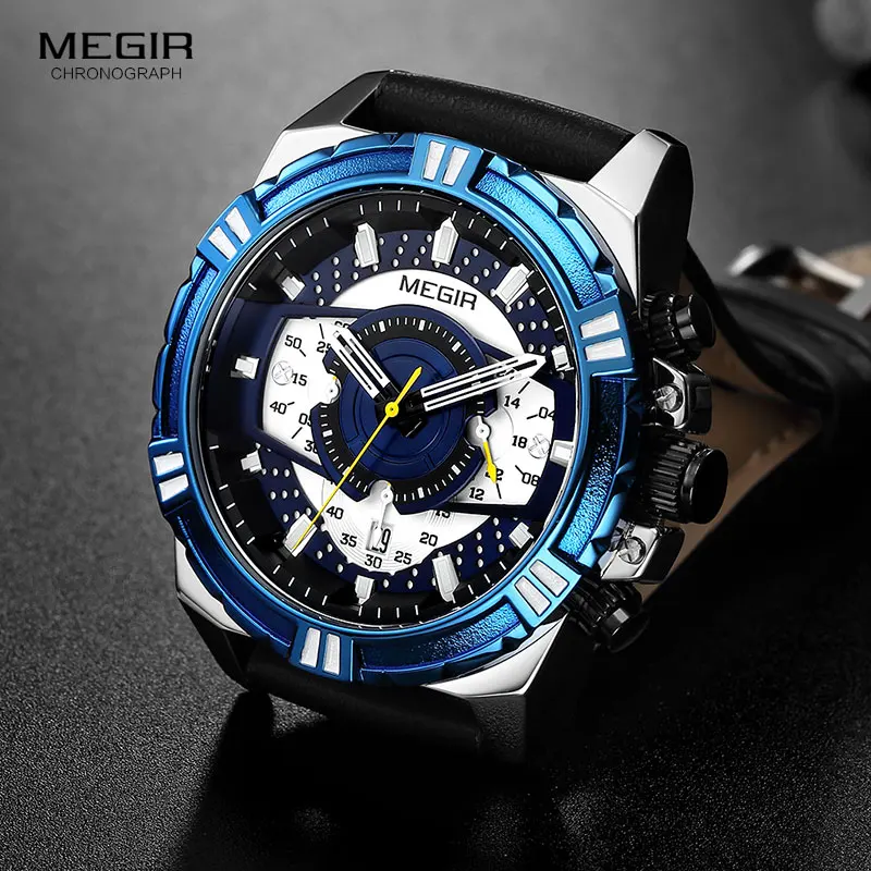 MEGIR 2019 Men s Chronograph Sport Watches Leather Strap Military Quartz Watch Man Relogios Masculino Clock Top Brand 2118 Blue