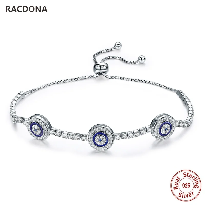 Nowy Przyjazd 100% 925 Sterling Silver Luksusowe Okrągły Turcja Blue Eyes Wyczyść Cubic Cyrkon Kryształ Tenis Złe oczy Bransoletka Biżuteria