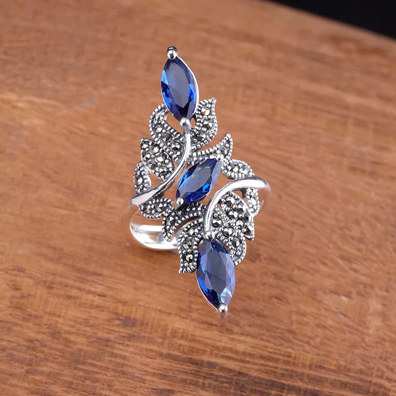 Новое поступление Винтаж синий Стразы ветке Для женщин античное серебро Цвет с украшением в виде кристаллов, большое кольцо Свадебная вечеринка, ювелирное изделие, подарок
