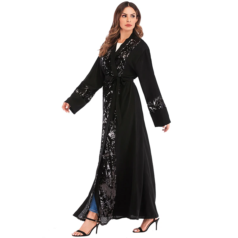 Черное платье Дубая с блестками ислам кардиган-кимоно мусульманское платье ХИДЖАБ КАФТАН Оман турецкий ислам ic одежда Vestido Musulman