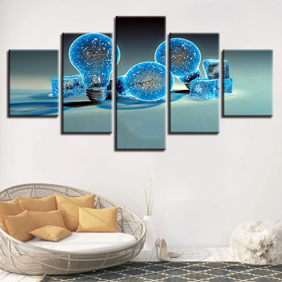 

HD Printing Art Pictures 5 Pieces Blue Light Bulb Canvas Paintings Modular Posters Framework Decor Modern Home Living Room Wall