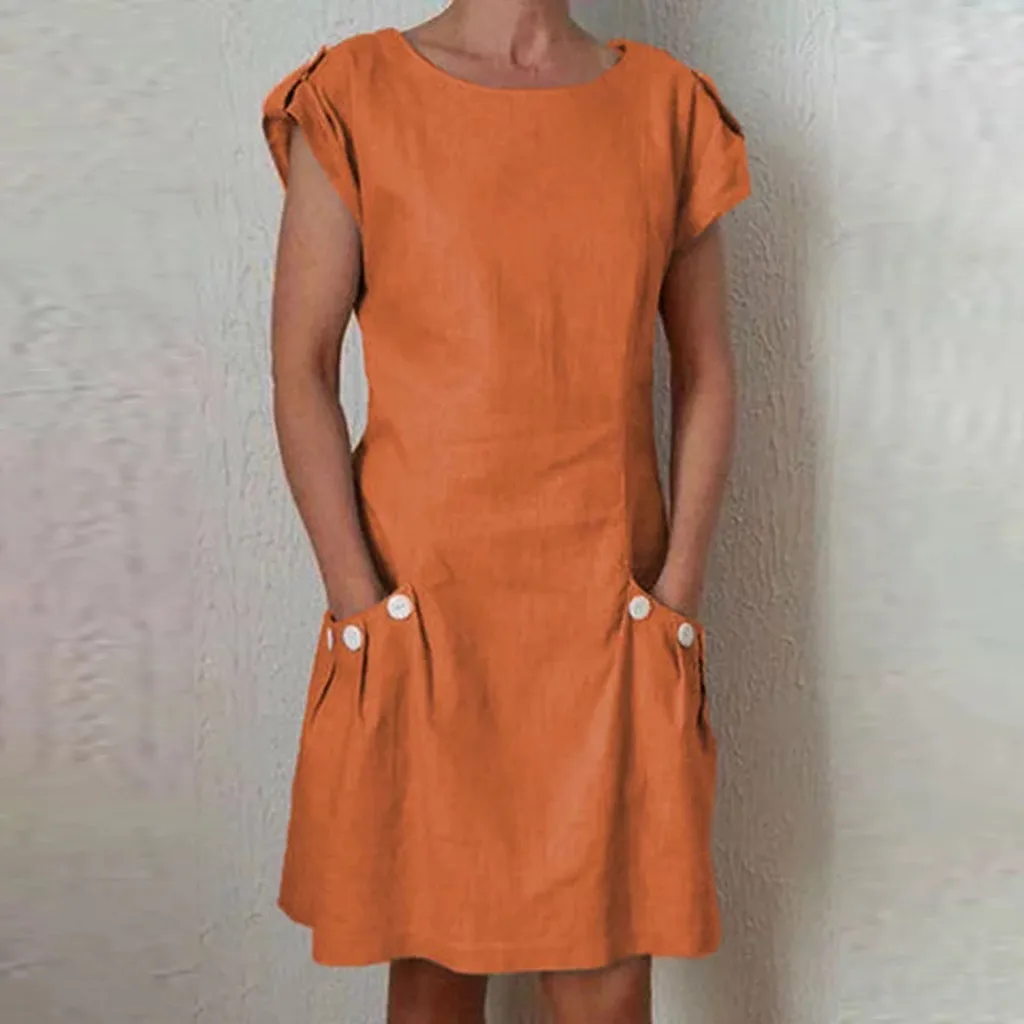 Women's Fashion Summer Classic Dresses Short Sleeve O Neck Button Linen Plus Size Midi Dresses With Pockets Vestidos Robe 5.22