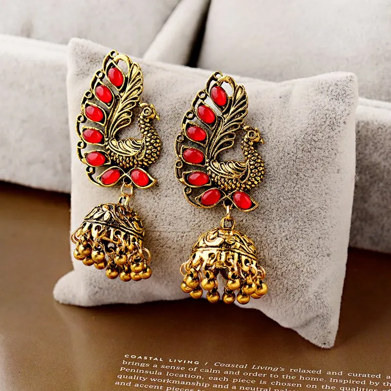 Женские винтажные серьги подвески Jhumka Jhumki в виде этнического павлина с черными