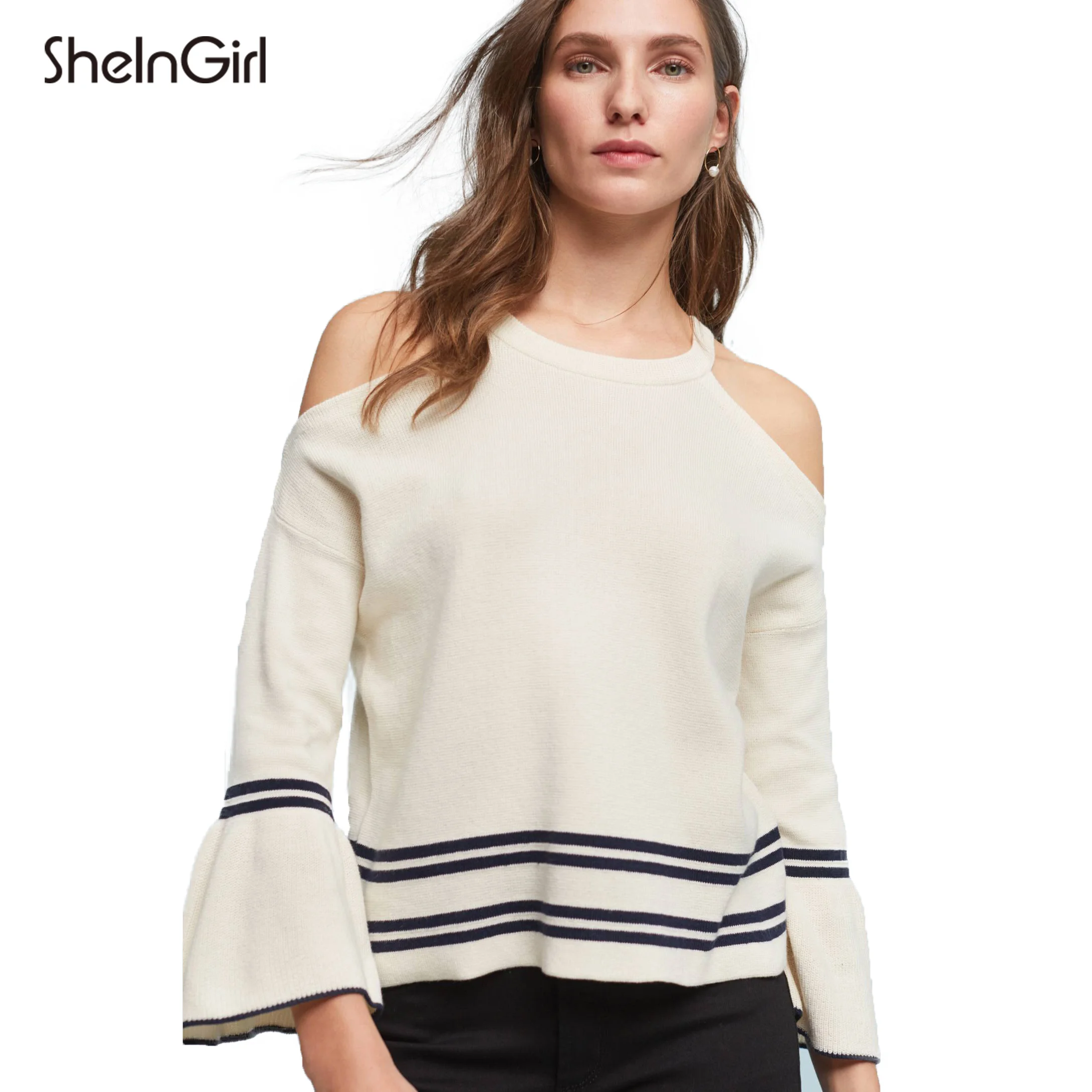 SheInGirl White Elegant Cute Sweater Women Cold Shoulder Ruffle Sleeve