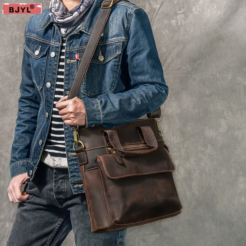 

BJYL Vintage Handmade Men handbags Genuine Leather Man shoulder Bag Men's crazy horse Leather Tote Crossbody messenger Bags