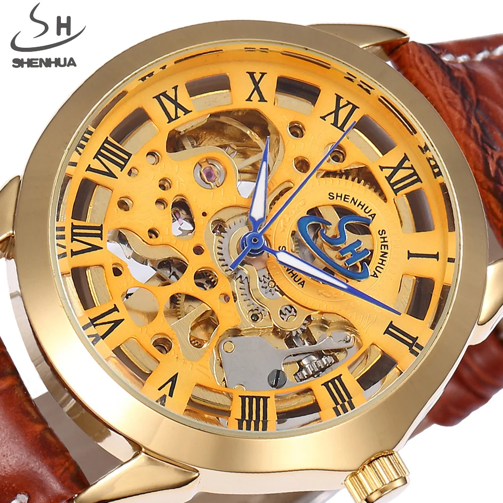 

Luxury Brand SHENHUA Gold Skeleton Mechanical Watch Men Transparent Leather Mens Watches Clock Relogio Masculino Automatic Watch
