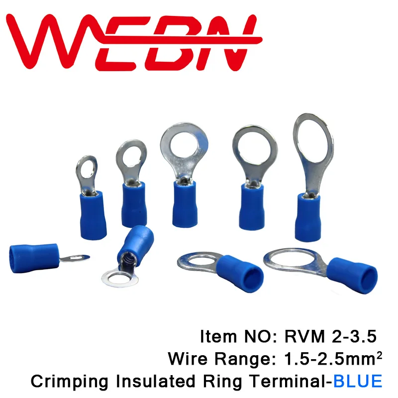 

RVM2-3.5 Crimping Insulated Ring Terminal 0.8mm Thick Copper&PVC Material Blue for Wire Range 1.5-2.5mm2 16-14 AWG 1000pcs/Pack