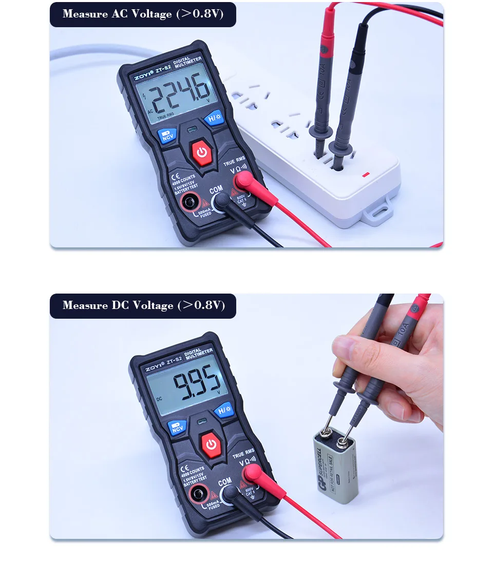 ZOYI ZT-S2, цифровой мультиметр, тестер с автоматическим диапазоном, true rms Multimetro AC DC 600 в вольтметр+ батарея/NCV тест, ЖК-подсветка