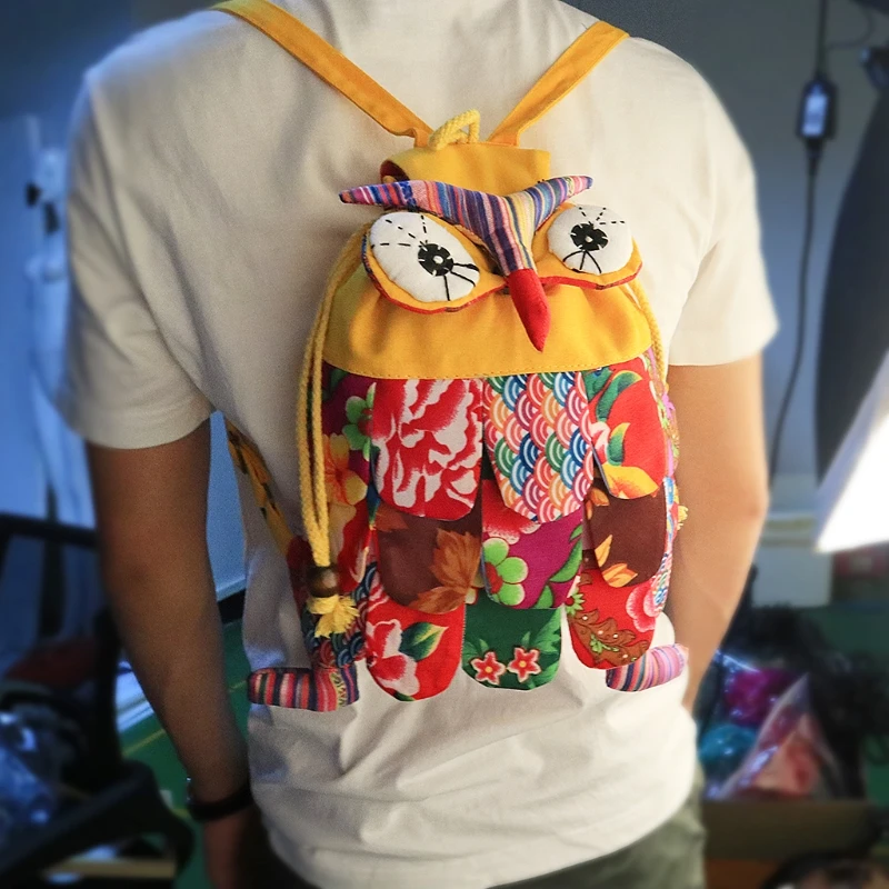 

Preschool Kids 9121 Owl Ethnic Colorful Stitch Cartoon Soft Backpack with String Owl bag national style patchwork Silt Pocket