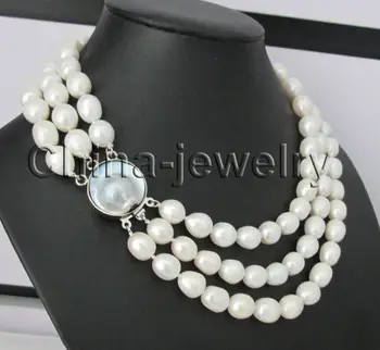 

17-19" 3row 9-10mm natural white baroque rice shape freshwater pearl necklace -