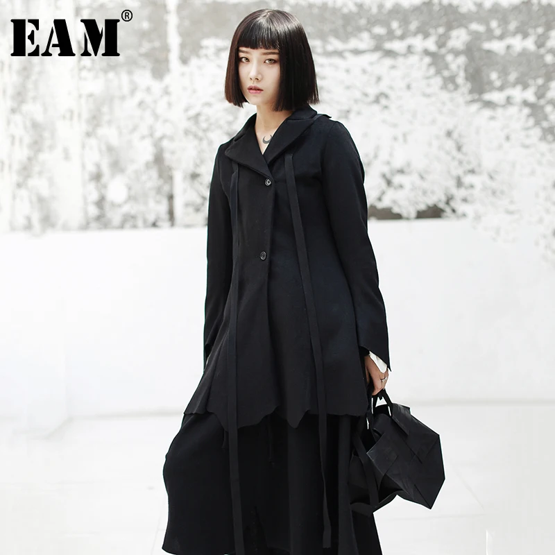 

[EAM]2019 New Spring Lapel Long Sleeve Black Loose Ribbon Stitch Cut Irregular Hem Woolen Coat Women Jacket Fashion JK104
