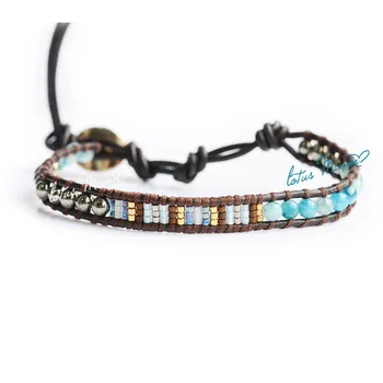 

Galmei blue pyrite color block decoration seed beads single-circle leather cord bracelet seed beads