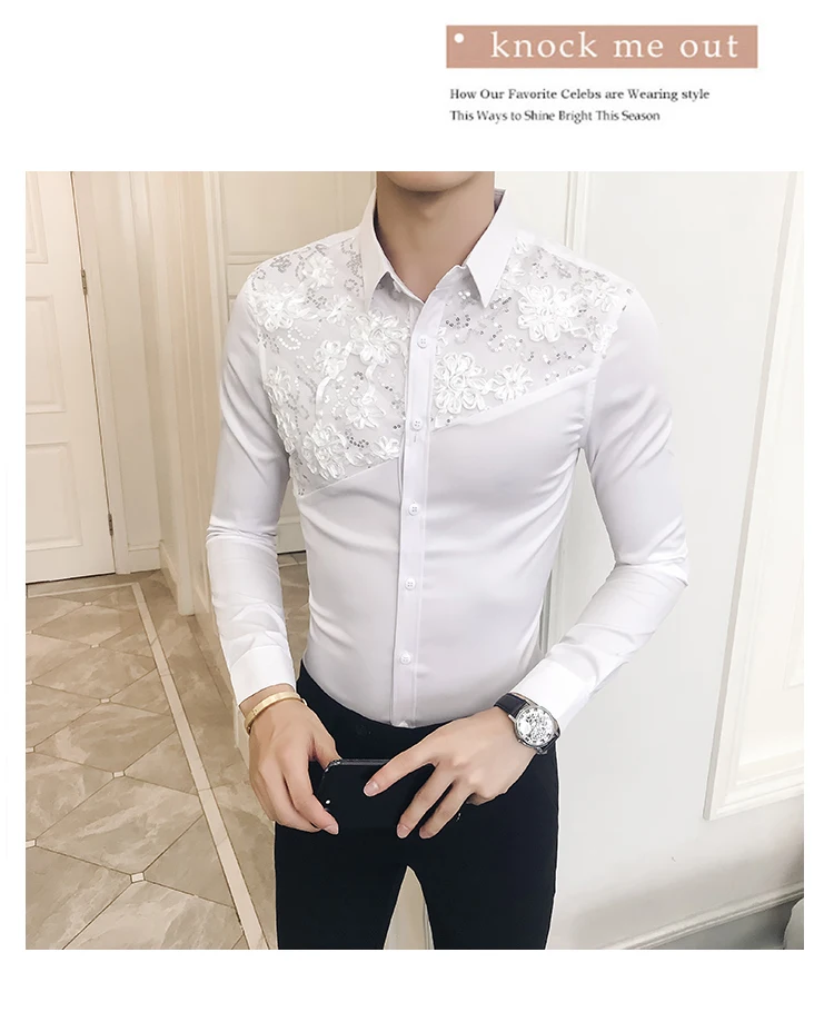 Повседневное Camisa Masculina 2019 весна корейский человек рубашка с длинными рукавами кружево кружевное комбинированное прическа отдел