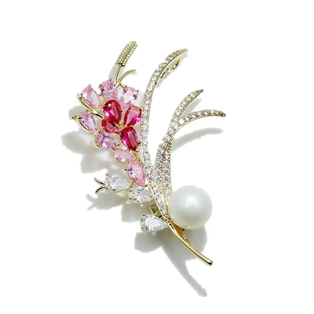 

New Fashion Cubic Zirconia Wheat Brooch Pins for Women Lady Elegant Simulated Pearl Brooches Coat Dress Corsage Jewelry