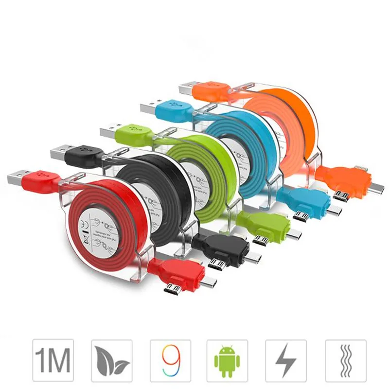 

1M Macaron 3in1 Retractable USB Cable 2A Fast Charger Coiled Data Line For Iphone 6 6S 7 7S 8 X Huawei P10 P20 pro lite xiaomi 9