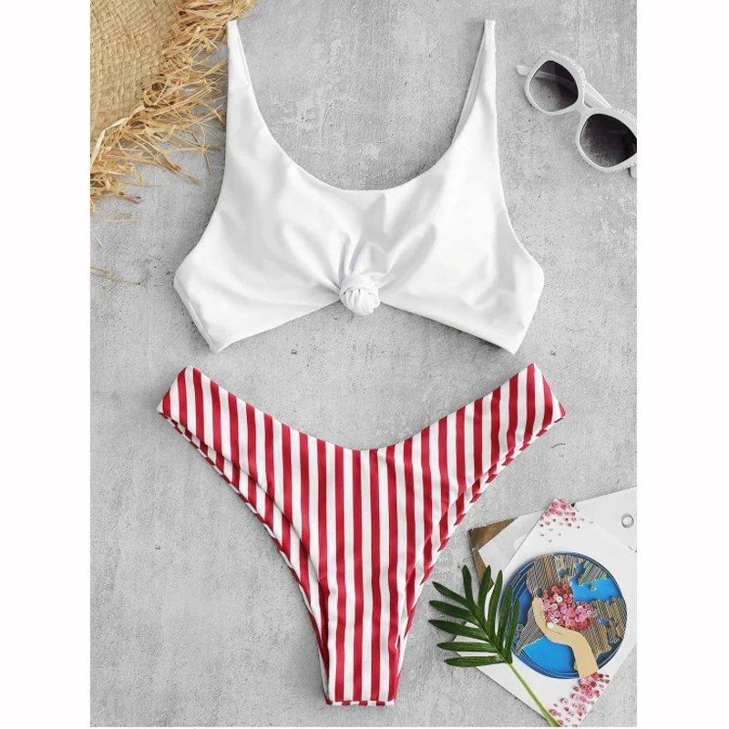 

Vertvie High Quality Striped Printed Bikini Set 2019 Summer Swimwear Solid Bow Bathing Suit Women Sexy Beach Wear for Female New